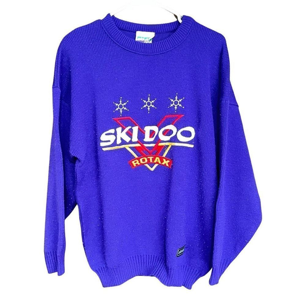 VINTAGE Ski-doo Sweater Mens Large Acrylic Pullover Embroidered Purple